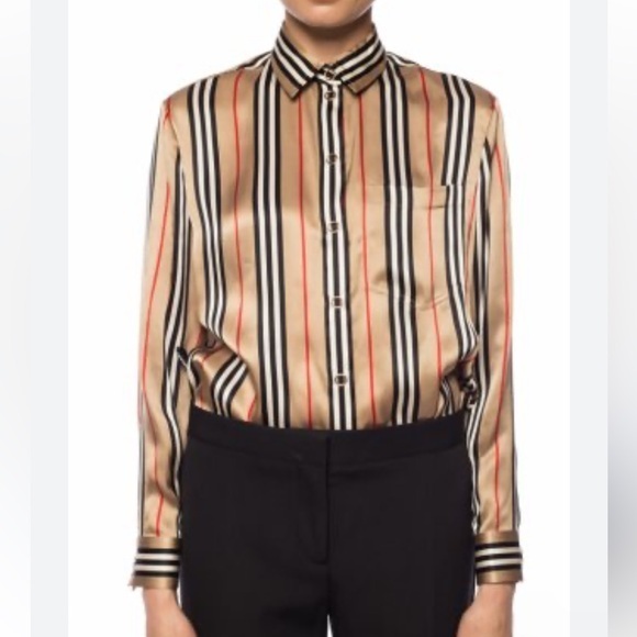 Burberry Women's Natural Icon Stripe Printed Silk Shirt, NWT, size 10US